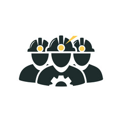 Flat icon with three workers in helmets with ray of light. Professional builder, miner, metallurgist team, safety concept. Vector