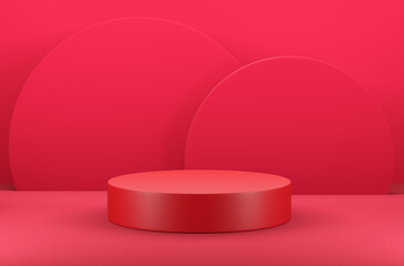 Circle podium on red scene, Geometric background concept, 3d render and illustration.