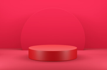 Circle podium on red scene, Geometric background concept, 3d render and illustration.