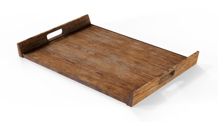 3D render of a beautiful empty wooden coffee table tray for products overlay mockup, template on background with morning sunlight. Backdrop, Earth tone, Natural, Organic, Tea break