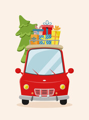 Christmas red car with gifts, tree and decorations. Flat cartoon style vector illustration.