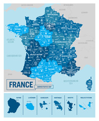 France country political administrative map. High detailed vector illustration with isolated provinces, departments, regions, cities, islands and states easy to ungroup.