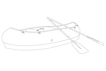Fototapeta premium Contour of a rubber boat with oars from black lines isolated on a white background. Vector illustration