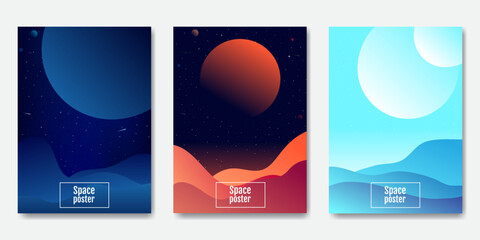 Space posters in flat style. Modern cover concept. Cosmos art. Modern abstract vector set. Graphic color background. Web banner, wallpaper. Vector illustration. Traveler universe. © Goldenboy_14