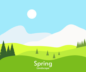 Spring mountain landscape flat. Vector background banner. Mountain landscape. Beautiful fields landscape with a dawn, green hills, bright color blue sky, background in flat on style.