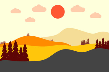 Vector illustration of horizontal banner of autumn landscape,  mountains and tree. Autumn landscape. Panoramic of countryside landscape. Cartoon style with beautiful colors. 