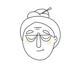 Vector image. Black and white drawing of the face of an elderly man (grandmother in glasses with a beam on her head). Pink cheeks, minimalism. The character of the old grandmother.