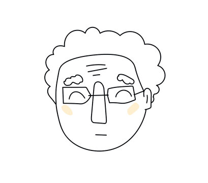 Vector image. Black and white drawing of the face of an elderly man (grandfather with glasses). Pink cheeks, minimalism. The character of the old grandfather.