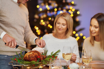 Friends celebrating christmas party holding wine