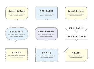 吹き出し、フレーム、見出し、テキストスペースのイラストセット。ラフ塗り、カラフルバージョン。