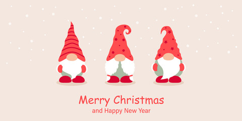 Christmas greeting card with christmas dwarf and snowy landscape. Flat cartoon style vector illustration.
