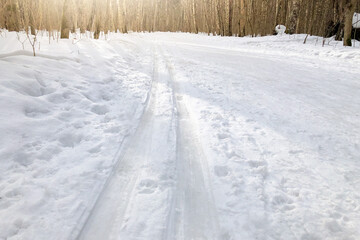 Cross-country skiing track in the winter forest, winter outdoor sports