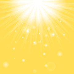 Obraz premium Dazzling sunshine sun rays with bokeh on yellow background. Beautiful sunny banner with sunburst sunbeams. Abstract colorful template jpeg illustration