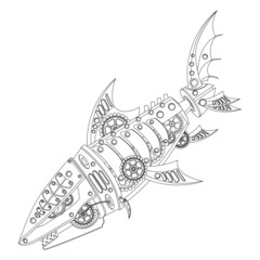 Mechanical shark coloring book. Vector illustration.