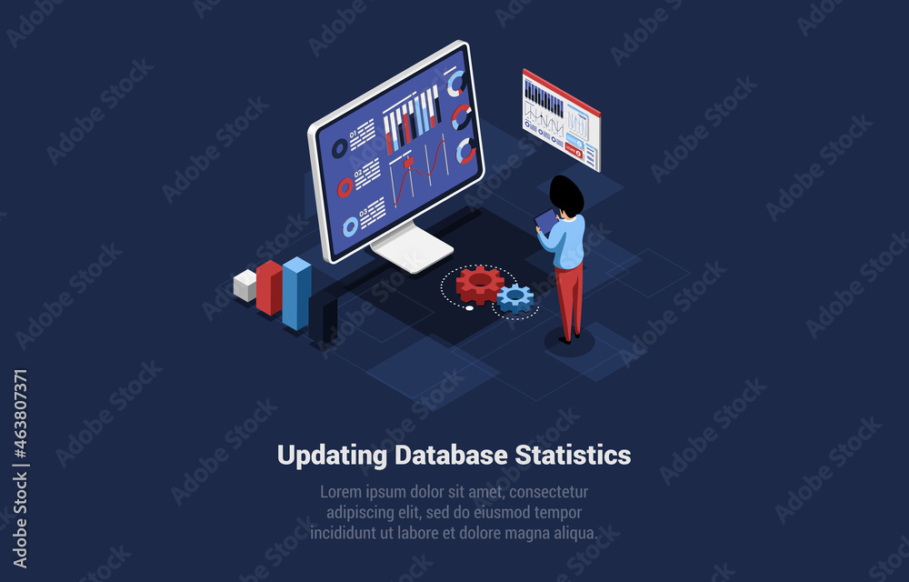 Poster updating database statistics concept vector illustration on dark background with writings. isometric