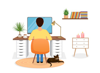 Male freelancer sits at a desk working at home at a computer. Back view of the guy. Remote work, office at home, programming. Study at home in quarantine. Vector illustration. Cozy workspace.