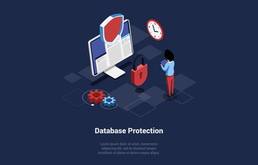 Database Protection Concept Illustration In Cartoon 3D Style. Isometric Vector Composition On Dark Blue Background. Cyber Security System, Database Safety Insurance. Online Service, Software Program