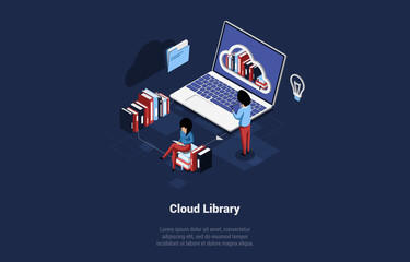 Isometric Vector Illustration With Writing. Conceptual Composition In Cartoon 3D Style. Cloud Library, Important Books And Documents Storage, Online Application Or Program Of Offline Access To Info