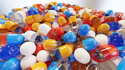 3d Illustration of realistic 3d different color medical pills, Colorful capsules, painkillers, antibiotics, vitamins and aspirin. Pharmacy and drug, pharmaceutical dosage cure, 3d render