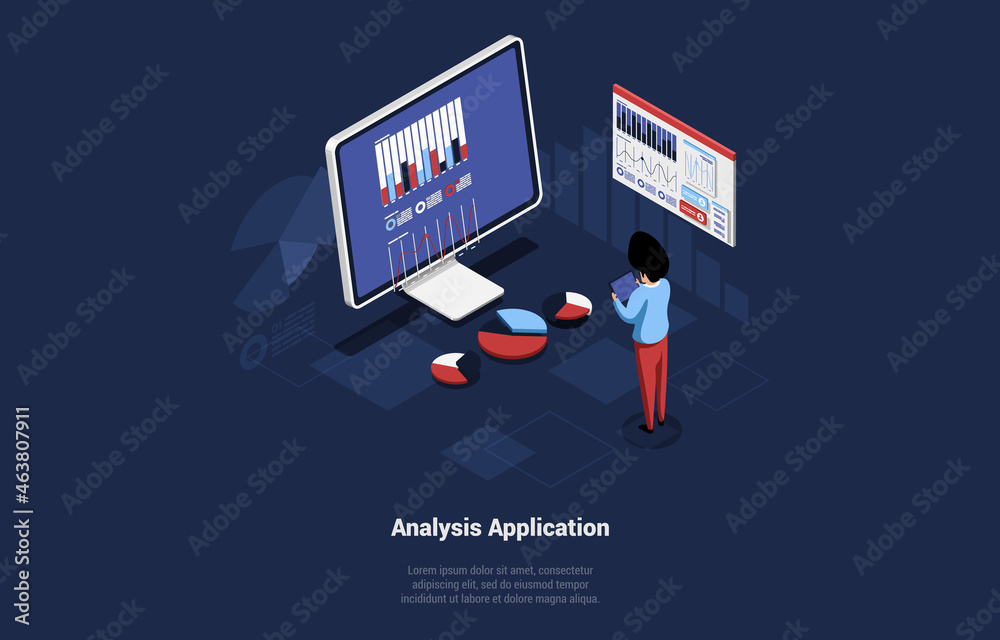 Poster conceptual vector illustration with text and characters. isometric composition in cartoon 3d style. 