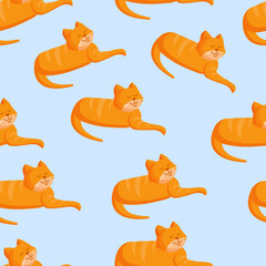 Seamless texture with ginger cat for textile, fabric. Vector illustration of the pattern.