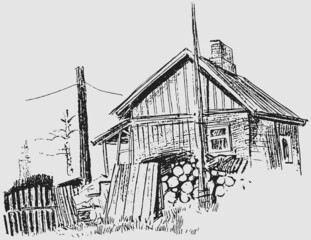 Vector outline drawing of village landscape with old rural house