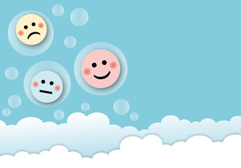 Happy face circle or smile face with cloud on blue sky background. Concept for positive thinking, mental health assessment, world mental health day. space for the text. paper art design style.