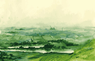 Vector watercolor drawing of countryside landscape with green agriculture fields and meadows