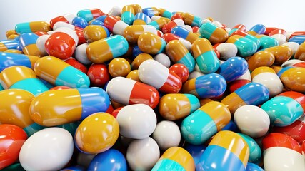 3d Illustration of realistic 3d different color medical pills, Colorful capsules, painkillers, antibiotics, vitamins and aspirin. Pharmacy and drug, pharmaceutical dosage cure, 3d render