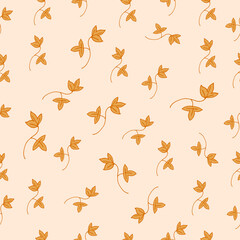 fallen dried leaves illustration on pastel background. spring, summer. hand drawn vector, seamless pattern. brown color. doodle art for wallpaper, wrapping paper and gift, backdrop, fashion, fabric.