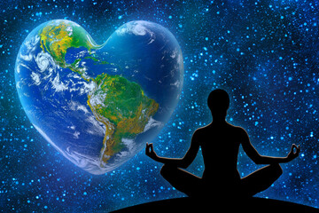 Female yoga figure against universe background. Earth in the shape of a heart, ecology and...