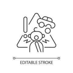 Choking hazard toys linear icon. Child safety at home. Age restrictions for kids. Thin line customizable illustration. Contour symbol. Vector isolated outline drawing. Editable stroke