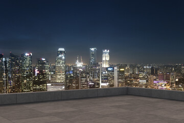 Panoramic Singapore skyline view, concrete observatory deck on rooftop, night time. Asian corporate and residential lifestyle. Financial city downtown, real estate. Product display mockup empty roof
