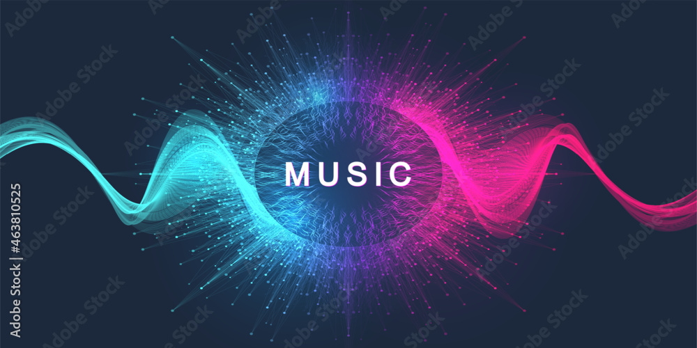 Poster Music wave flow poster design with lines and dots. Sound flyer with abstract gradient line waves. Music abstract background. Vector concept.