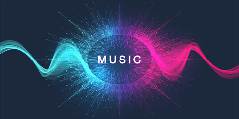 Music wave flow poster design with lines and dots. Sound flyer with abstract gradient line waves. Music abstract background. Vector concept.