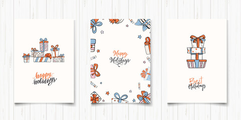 Doodle happy holiday giftbox set cards. Greeting card design template. Art vector graphic illustration. Abstract vintage background. Blue orange gift box postcards. Banner, poster, greeting card
