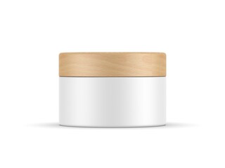 Cosmetic cream jar with wooden lid mockup, cosmetic container with wooden cap mock up template on isolated white background, 3d illustration