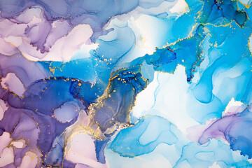 Abstract fluid art painting background in alcohol ink technique, mixture of sky blue, purple and gold paints. Transparent overlayers of ink create lines and gradients. Burst of creativity. - 463810767