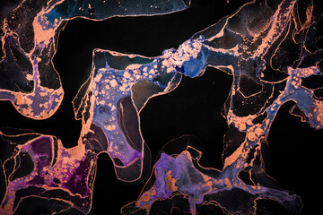 Abstract fluid art painting background in alcohol ink technique, mixture of blue, purple and gold paints on black background. Transparent overlayers of ink create lines and gradients.  - 463810774