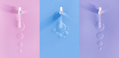 serum drops pipette banner on pastel background, geometric flatley, muted yellow pink blue colors