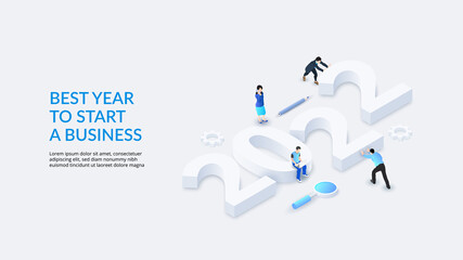 The New Year 2022 isometric numbers illustration. Landing page with people. Startup year.