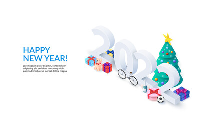 The Happy New Year 2022 isometric number design concept with gifts. Landing page with christmass tree