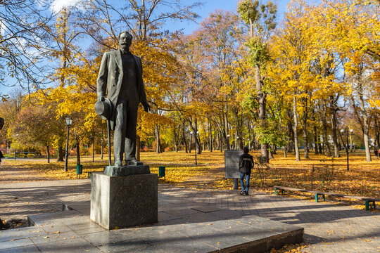 Trostianets, Ukraine - October 15, 2021: Monument to Pyotr Tchaikovsky, a Russian composer who visited Trostianets in 1864 and wrote his first substantial work for orchestra, The Storm overture.