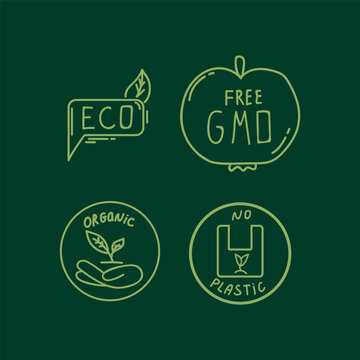 A set of energy-saving icons. Painted doodle environment, no plastic, GMO-free. Green on a dark background. Vector illustration