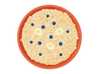 Oatmeal breakfast cup top view. Oat grain porridge. Cartoon style muesli. Vector illustration isolated on white background.