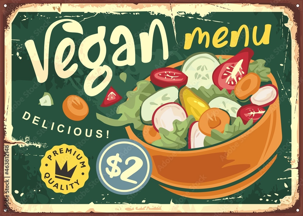 Wall mural vegan menu retro advertisement design with salad bowl full of healthy vegetables. vintage vitamin fo