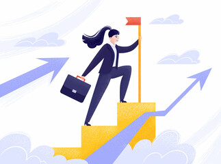 Businesswoman in a flat style. Successful business woman climbed up the career ladder. Feminists power. Vector stock illustration with up arrow chart in clouds isolated on white background.