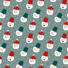 A pattern with snowmen in a red hat and a bucket. Snowmen with a carrot for a nose. Textile background with snow characters. Happy New Year and Merry Christmas. Vector illustration