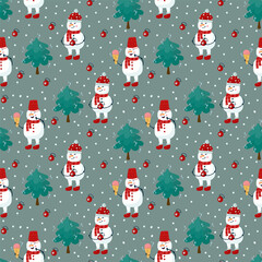 A pattern with snow Characters in a red hat. A snowman with ice cream and a garland. Cute Textile background with Christmas tree. Happy New Year and Merry Christmas. Vector illustration