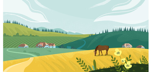 Summer rural landscape with field, trees, grass and a horse. Ecologically clean area with sky and clouds. The village in the summer. Vector stock flat style illustration or background for eco products
